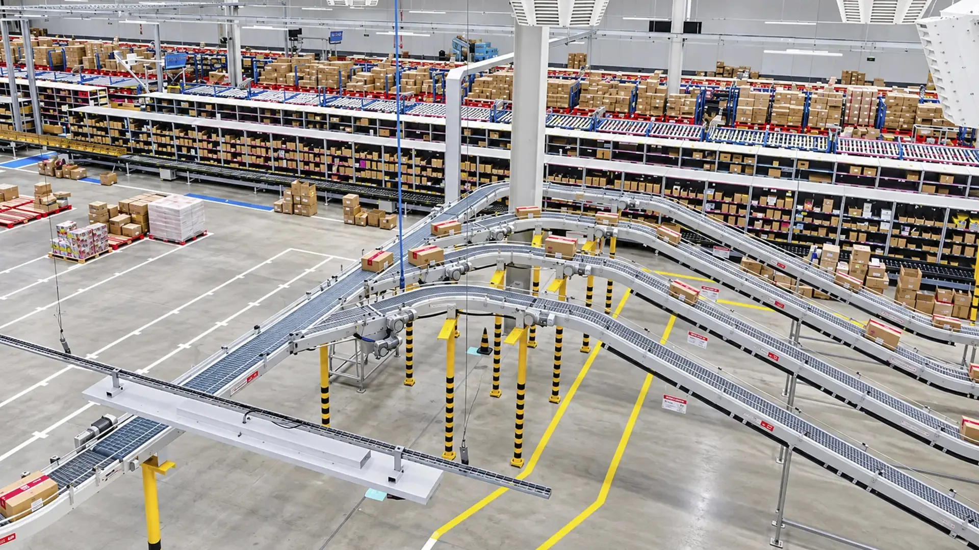 Conveyor system moving cases through a distribution flow.