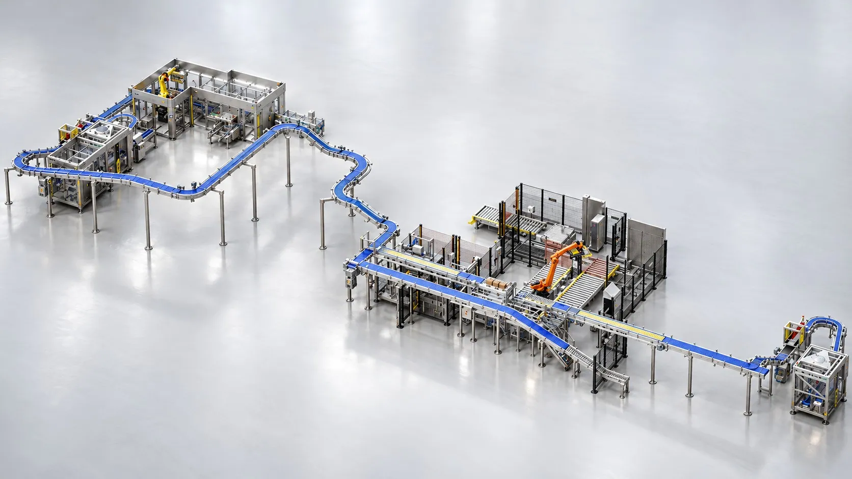 TRF palletizing and conveyor systems being assembled on the manufacturing floor.