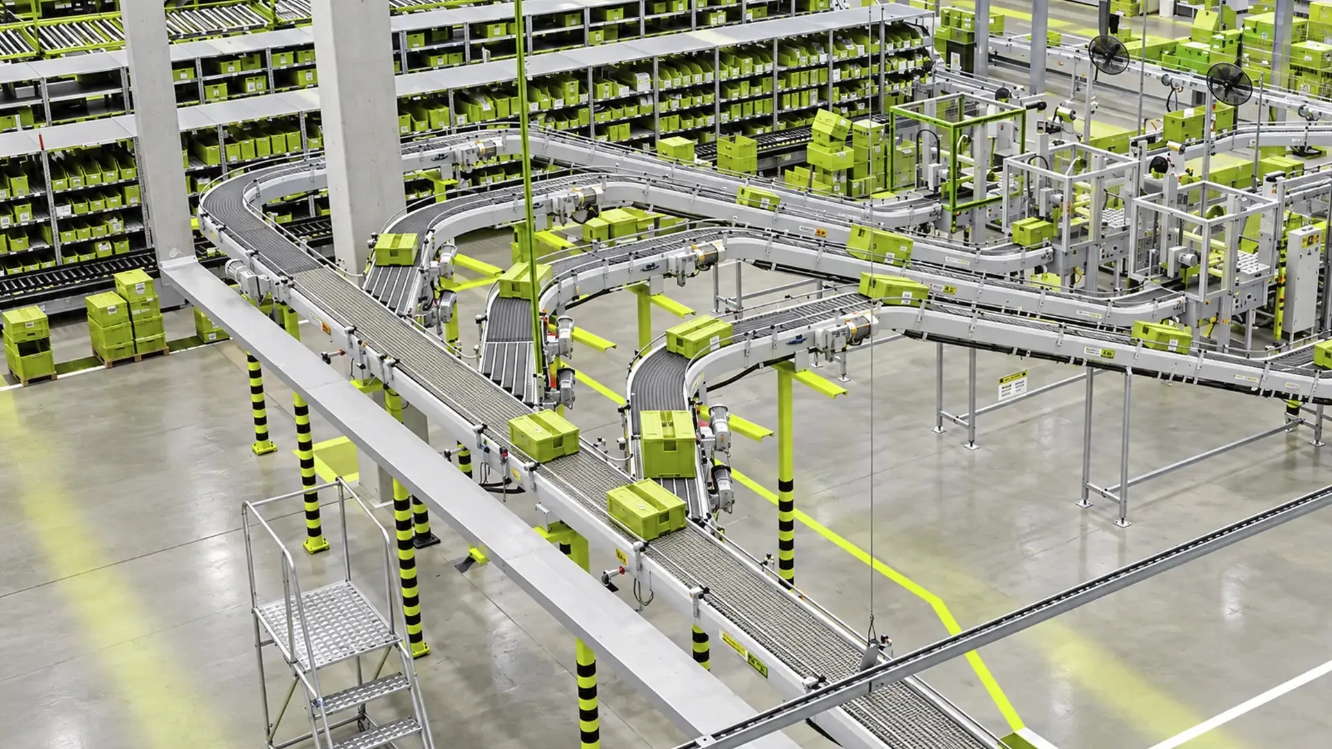 Conveyor system moving cases between packaging and palletizing.