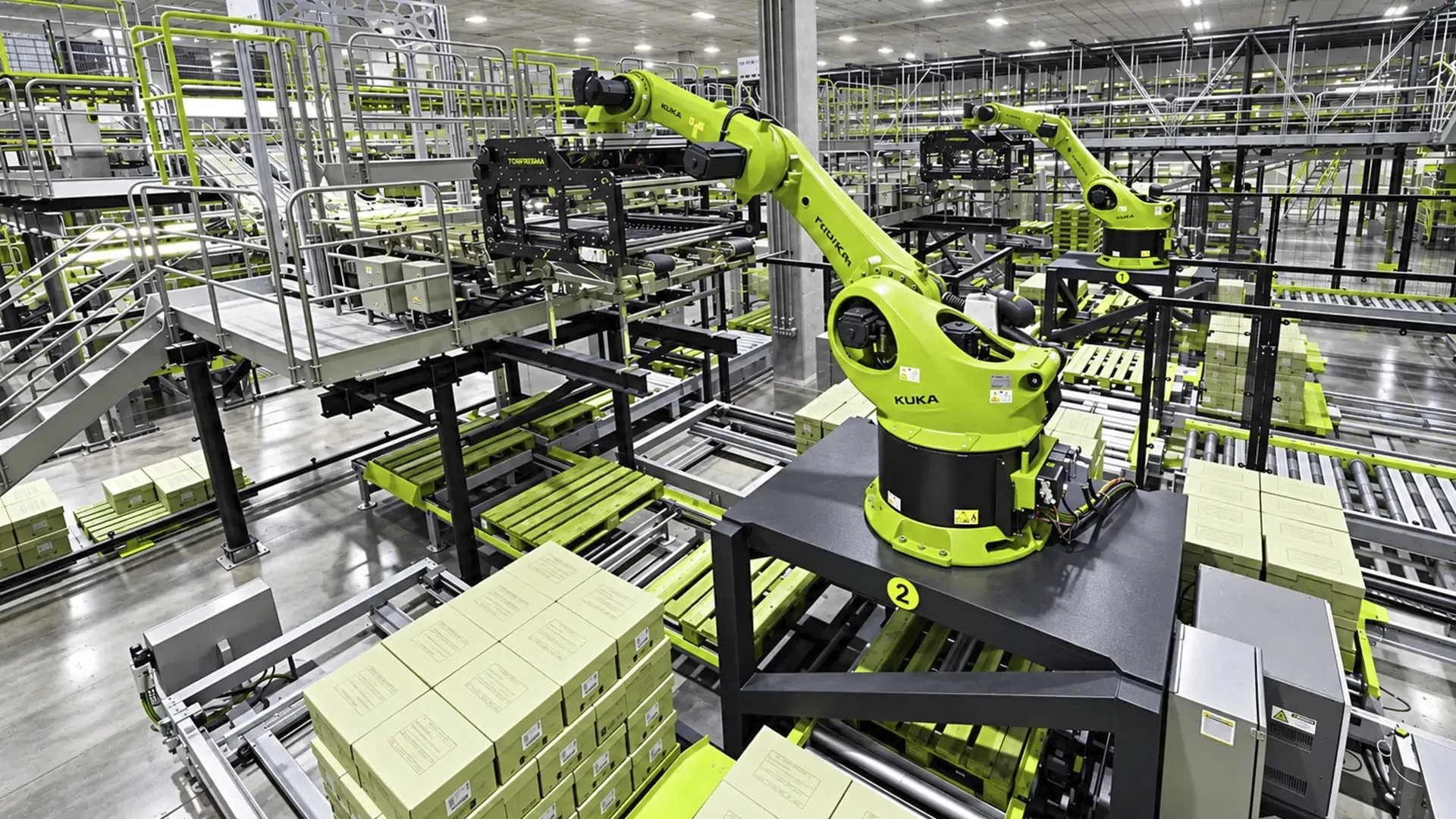 Robotic palletizing cell stacking cases onto a pallet.
