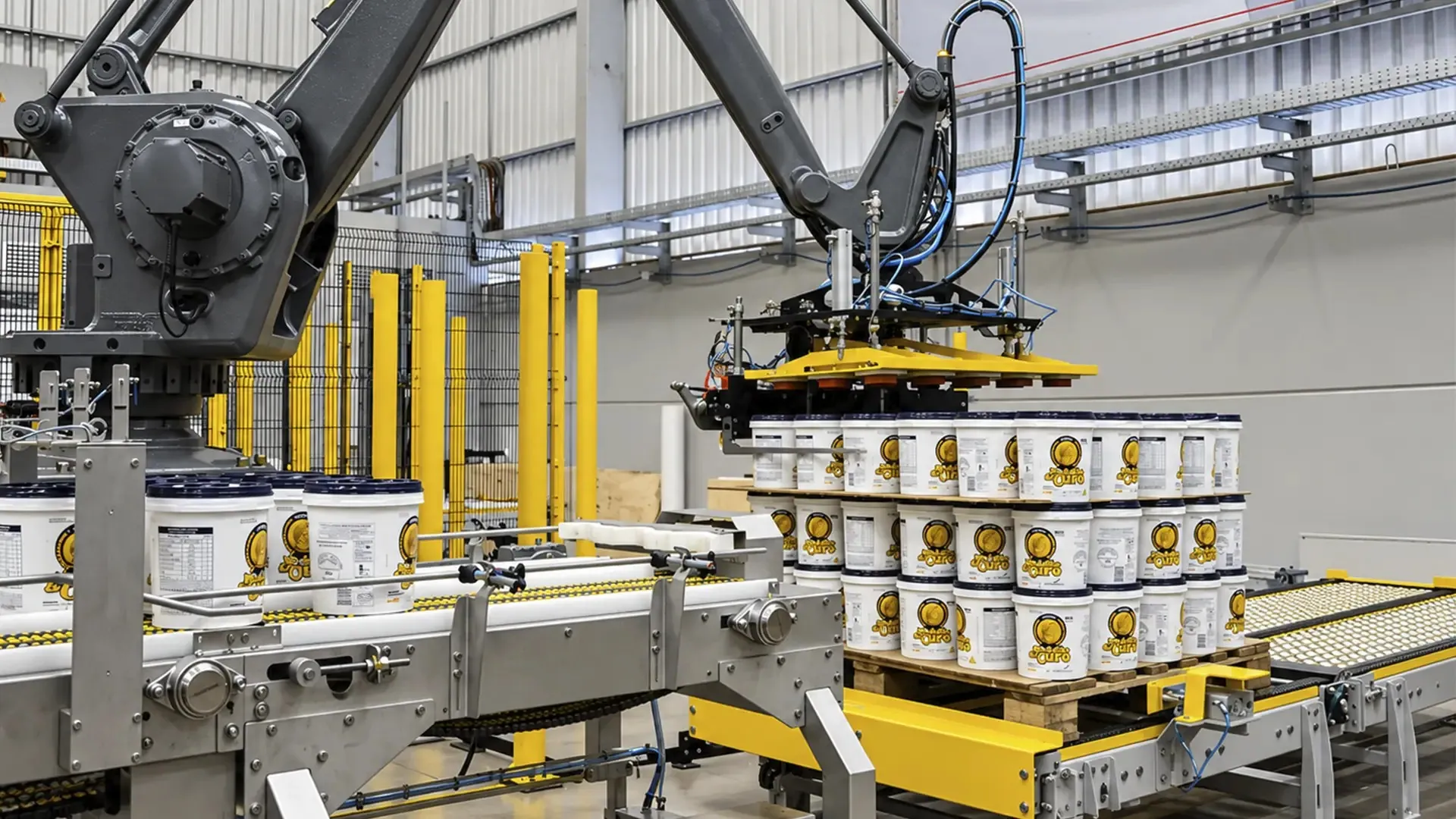 Chemical packaging automation: top view of a TRFCompact robotic palletizing cell for heavy cases.
