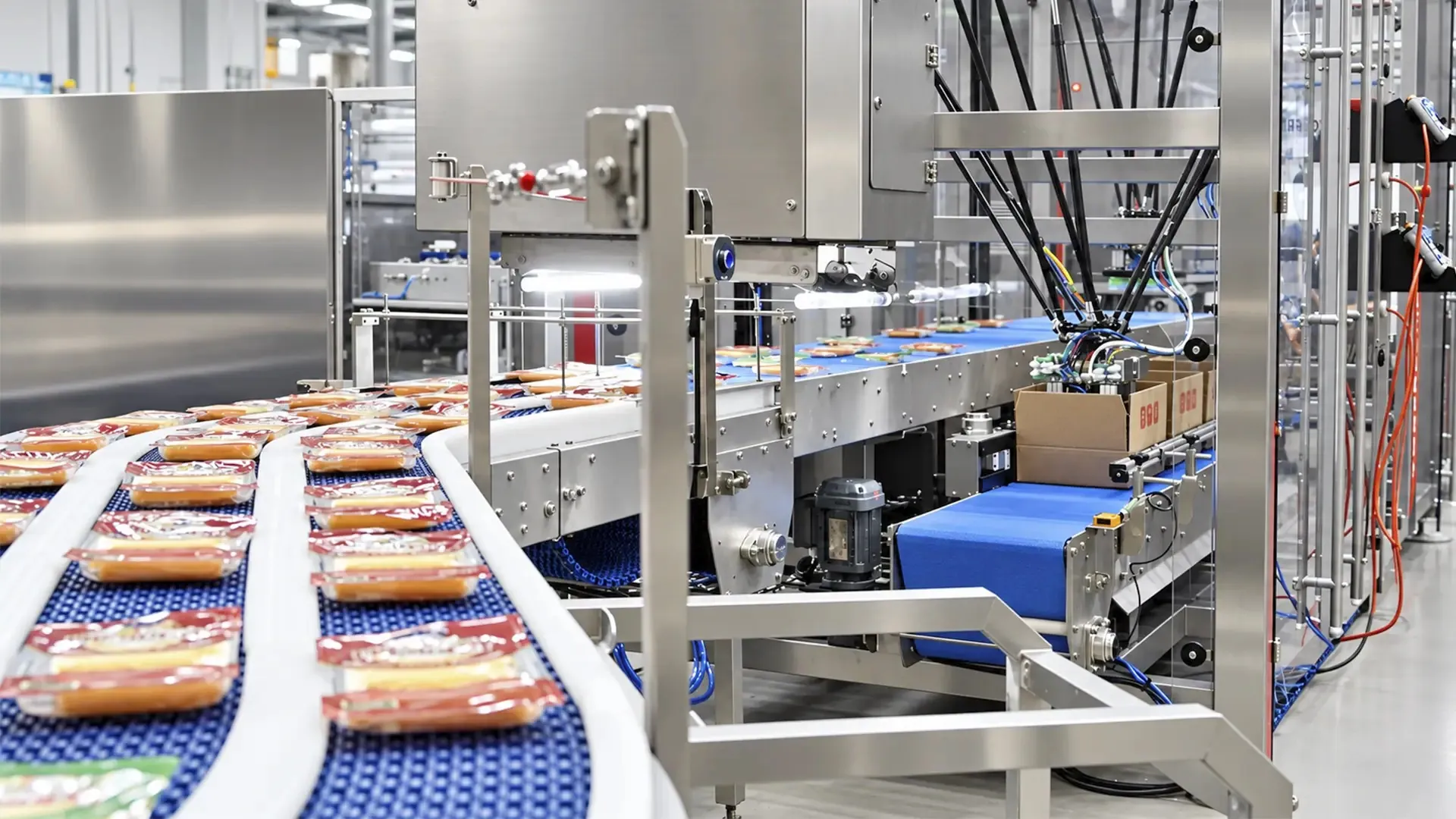 Dairy packaging automation: hygienic stainless steel conveying and packing equipment.