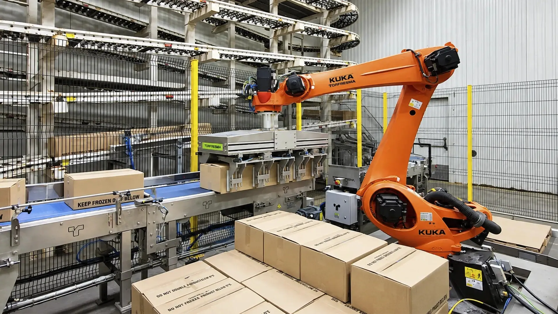Frozen food packaging automation: TRFSubzero robotic palletizer stacking frozen food cases in a cold room.