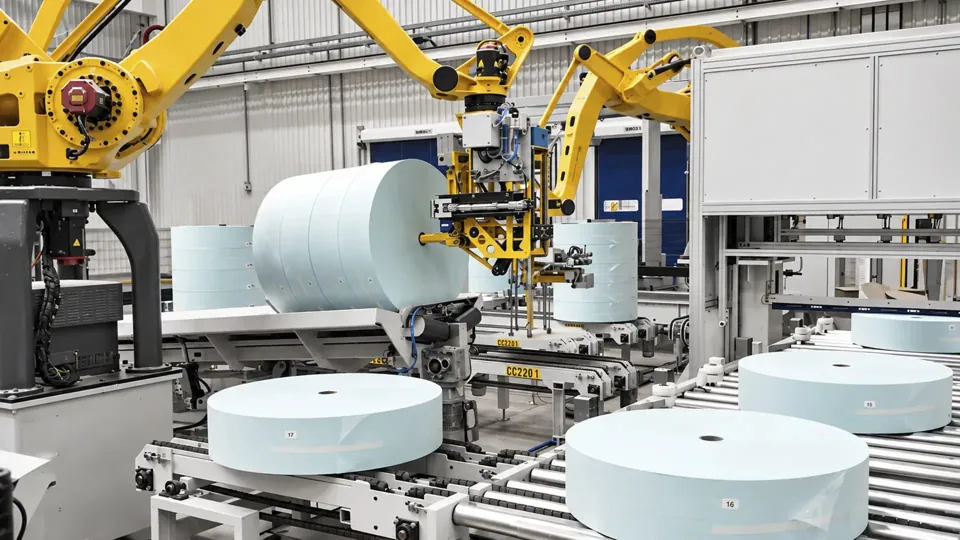 Paper and packaging automation: TRFCompact robotic palletizing cell handling corrugated cases