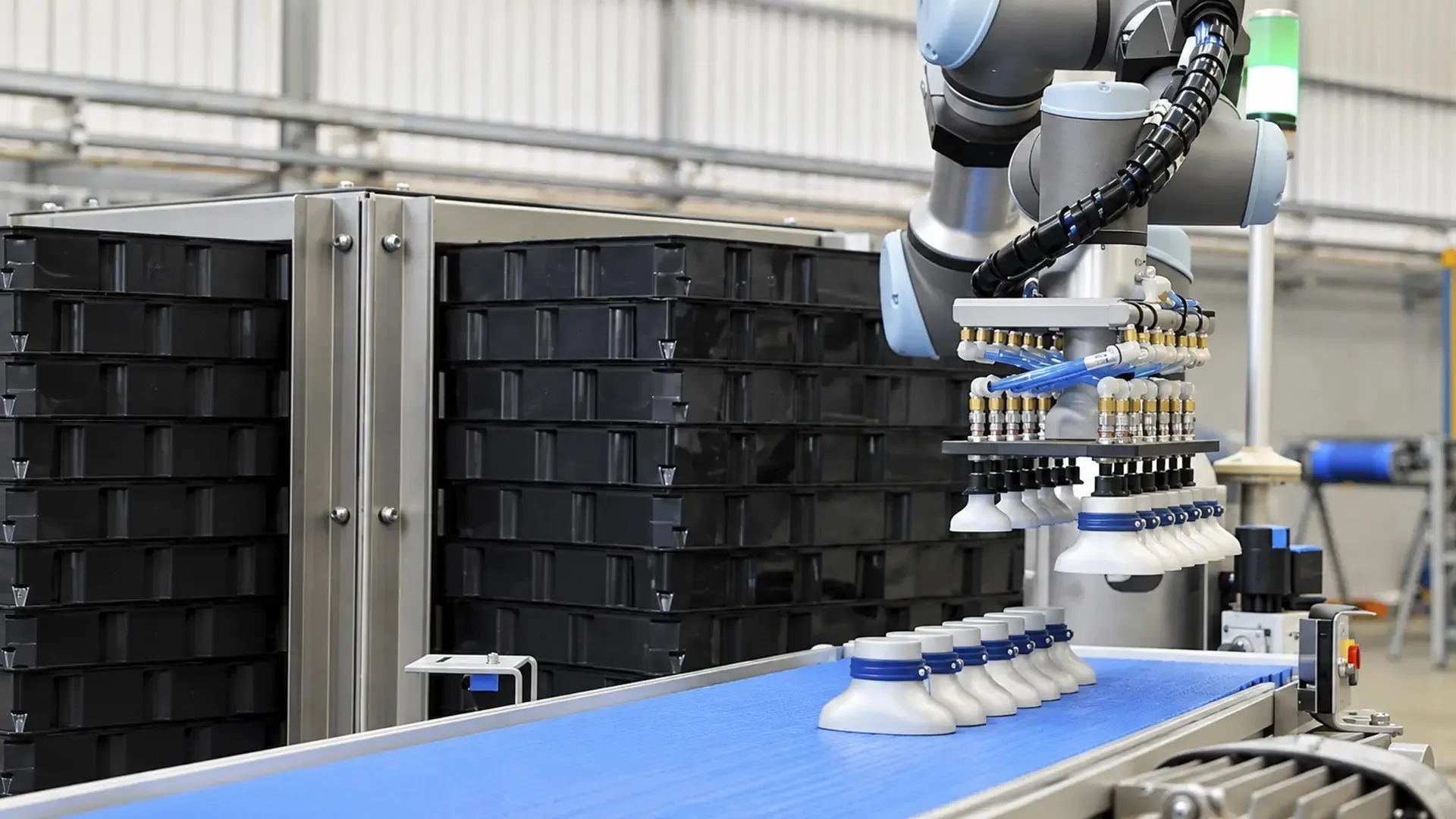Personal care packaging automation: TRFIntraflow conveyors moving cartons through a beauty products distribution center.