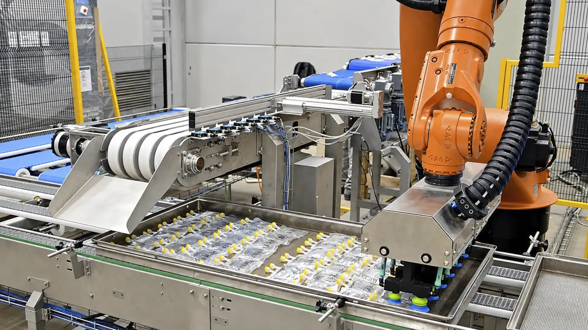 Pharmaceutical packaging automation: two robotic palletizing cells stacking carton cases beside a conveyor.