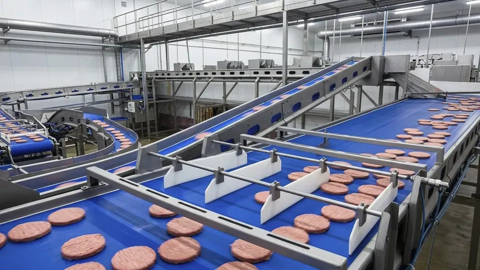 Protein processing end-of-line automation: robot loading packaged products into cases