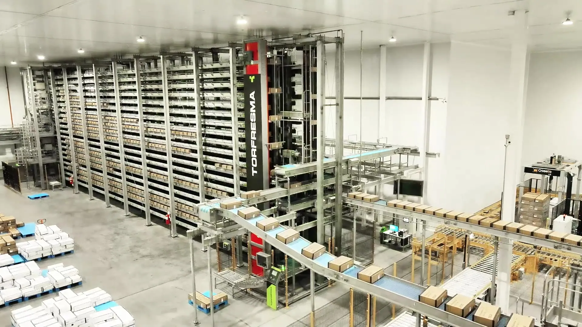 Automated storage and case conveying in a distribution center.