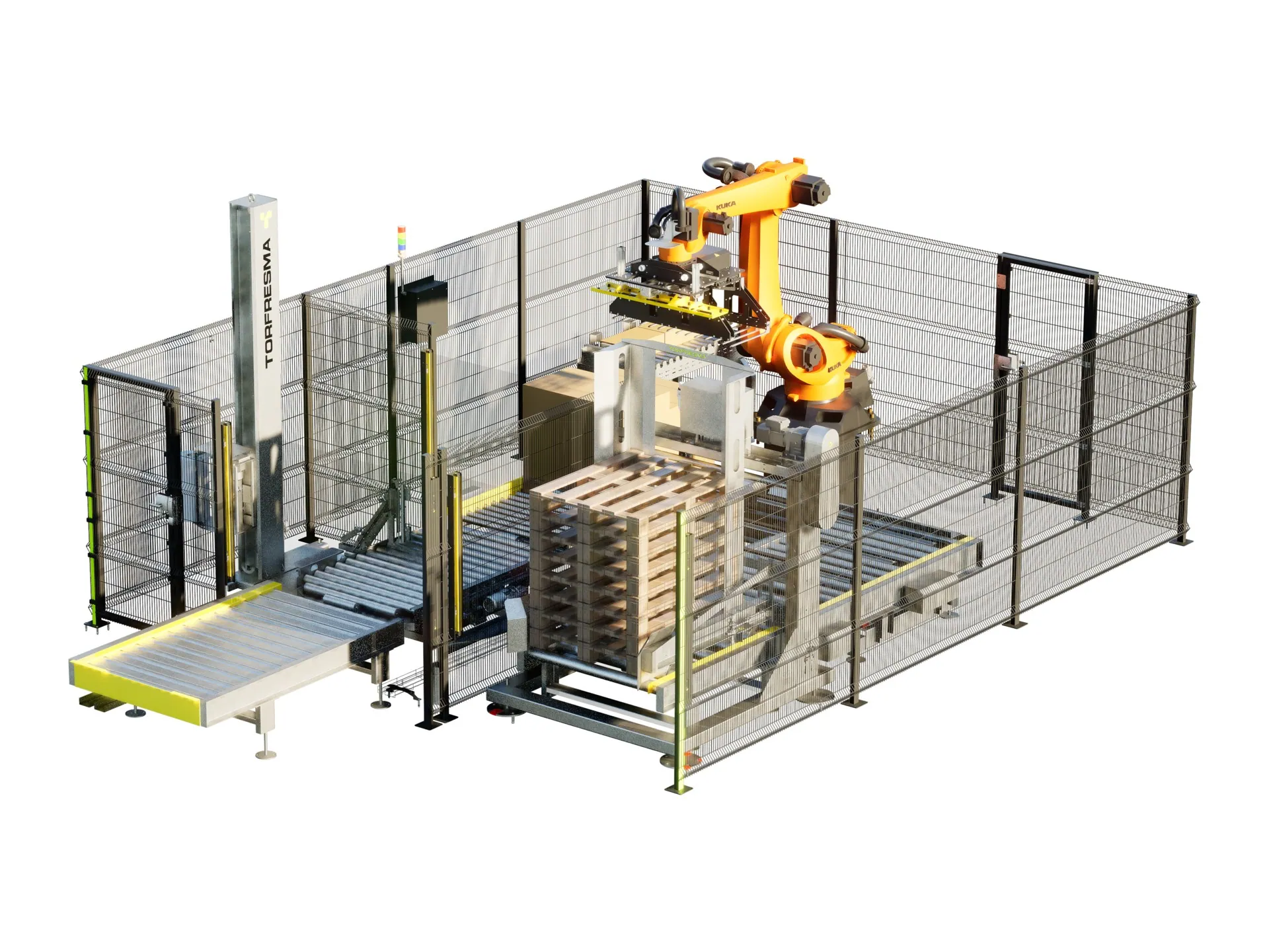 Palletizing cell working in a freezer, with frost on the equipment.