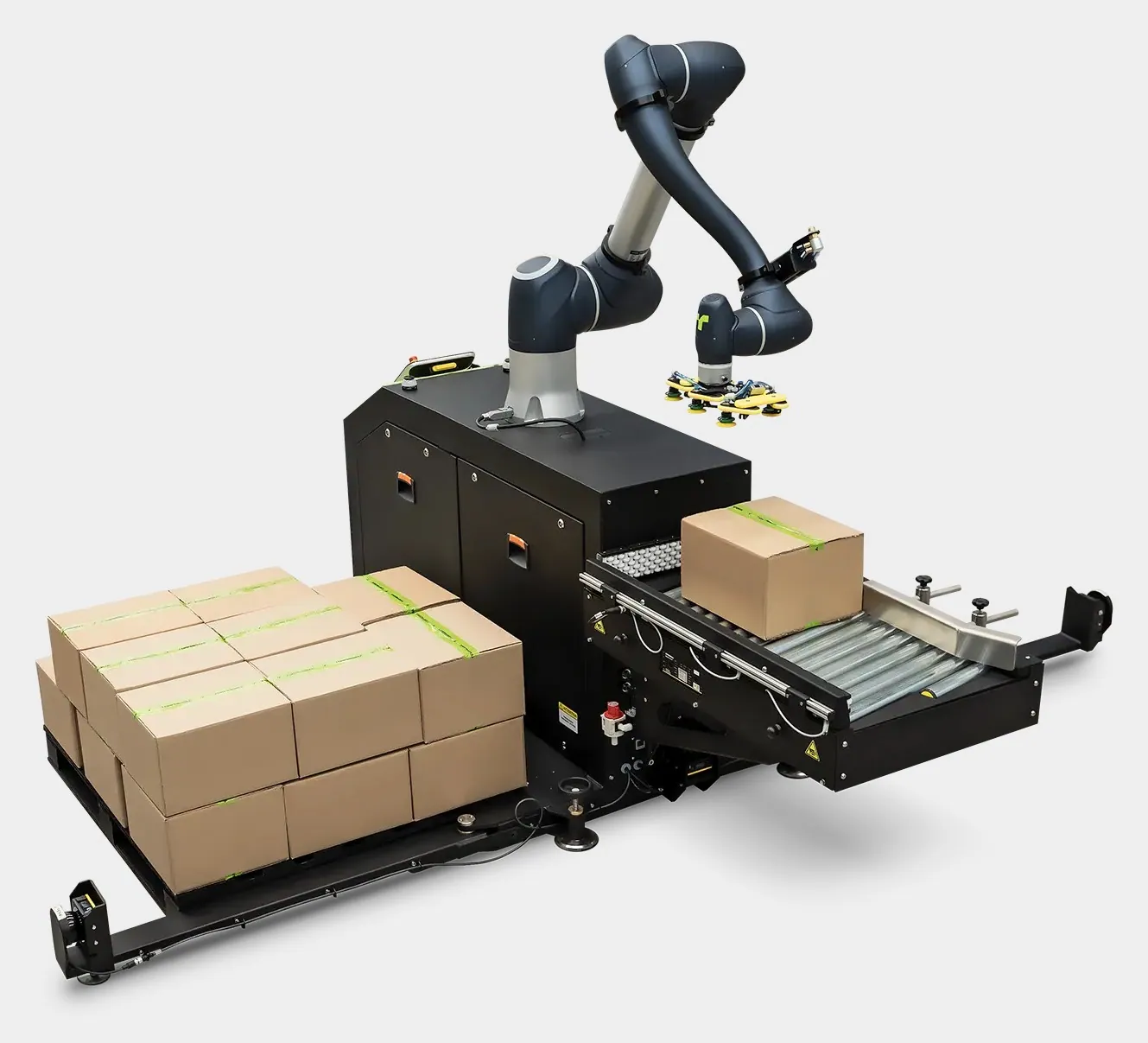 TRFCobot collaborative palletizer, front view with the infeed conveyor and a pallet of cases.