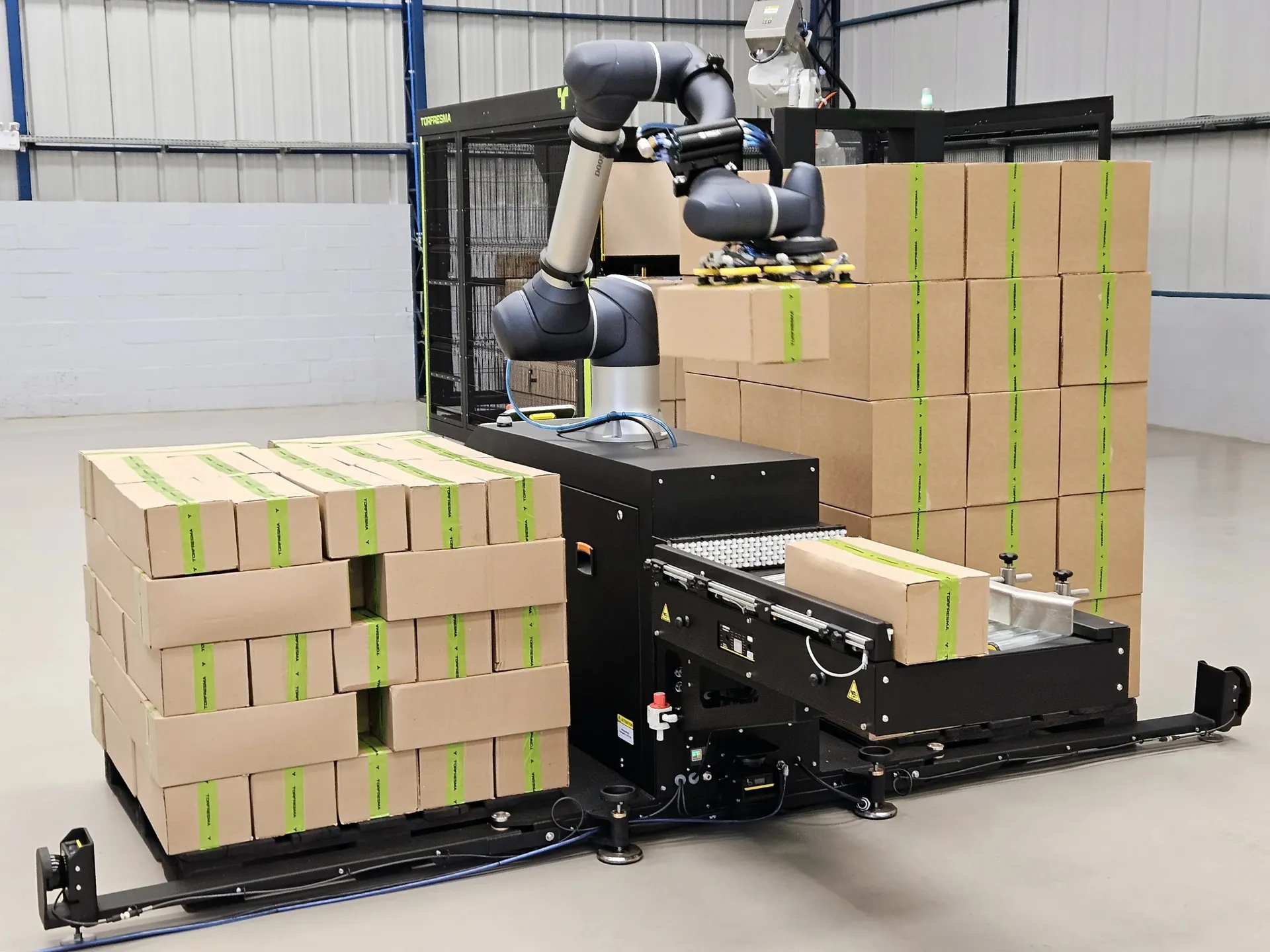 TRFCobot collaborative robot placing a case on a pallet in a plant.
