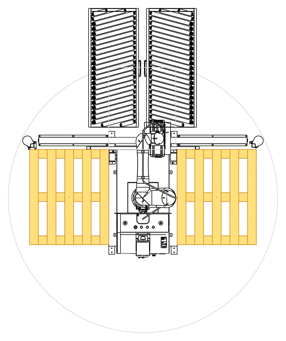 TRFCobot cobot palletizer layout with double front infeed and two pallet positions.