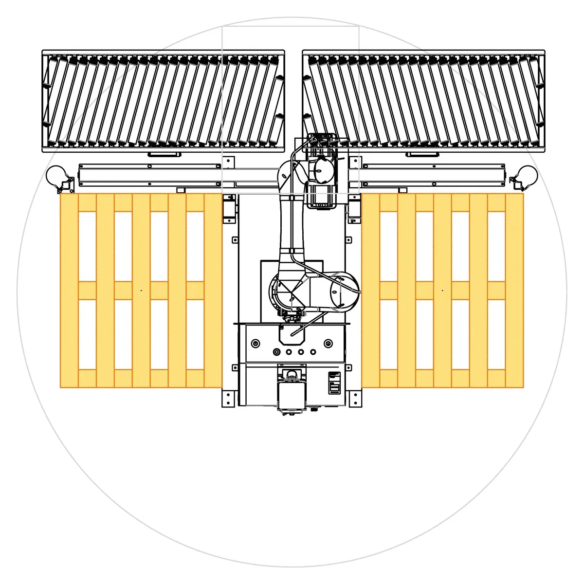 TRFCobot cobot palletizer layout with double side infeed and two pallet positions.