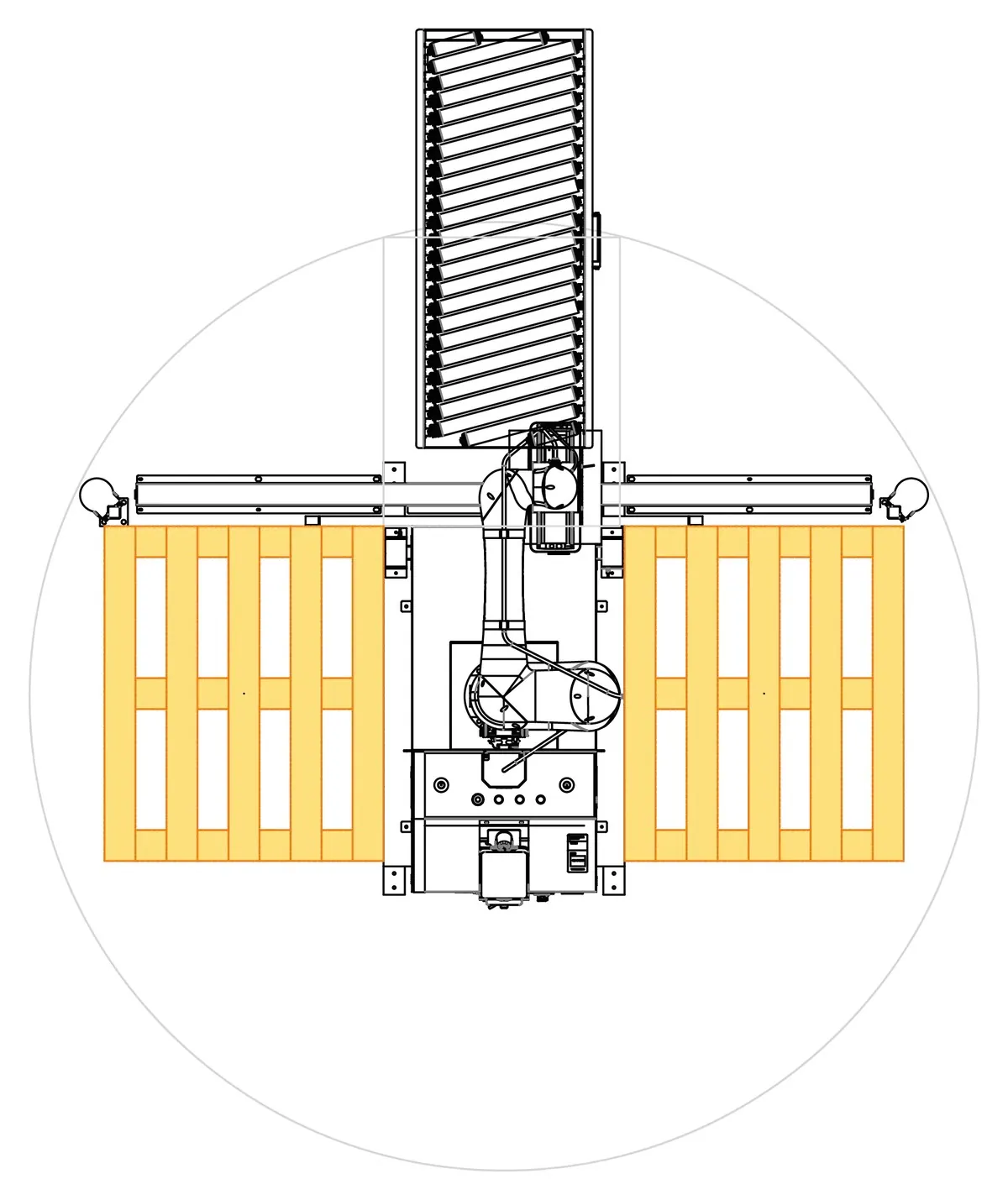 TRFCobot cobot palletizer layout with front infeed and two pallet positions.