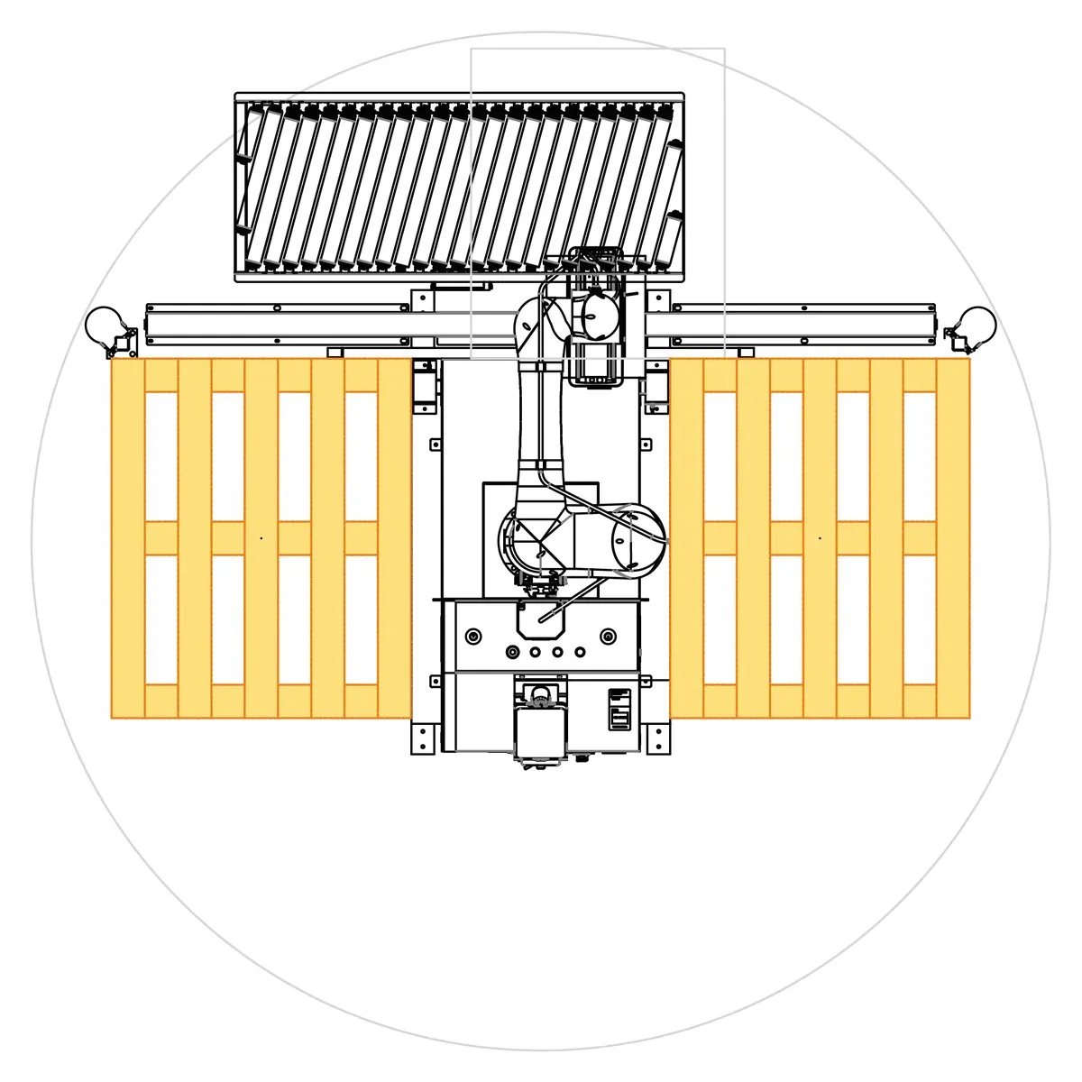 TRFCobot cobot palletizer layout with left side infeed and two pallet positions.