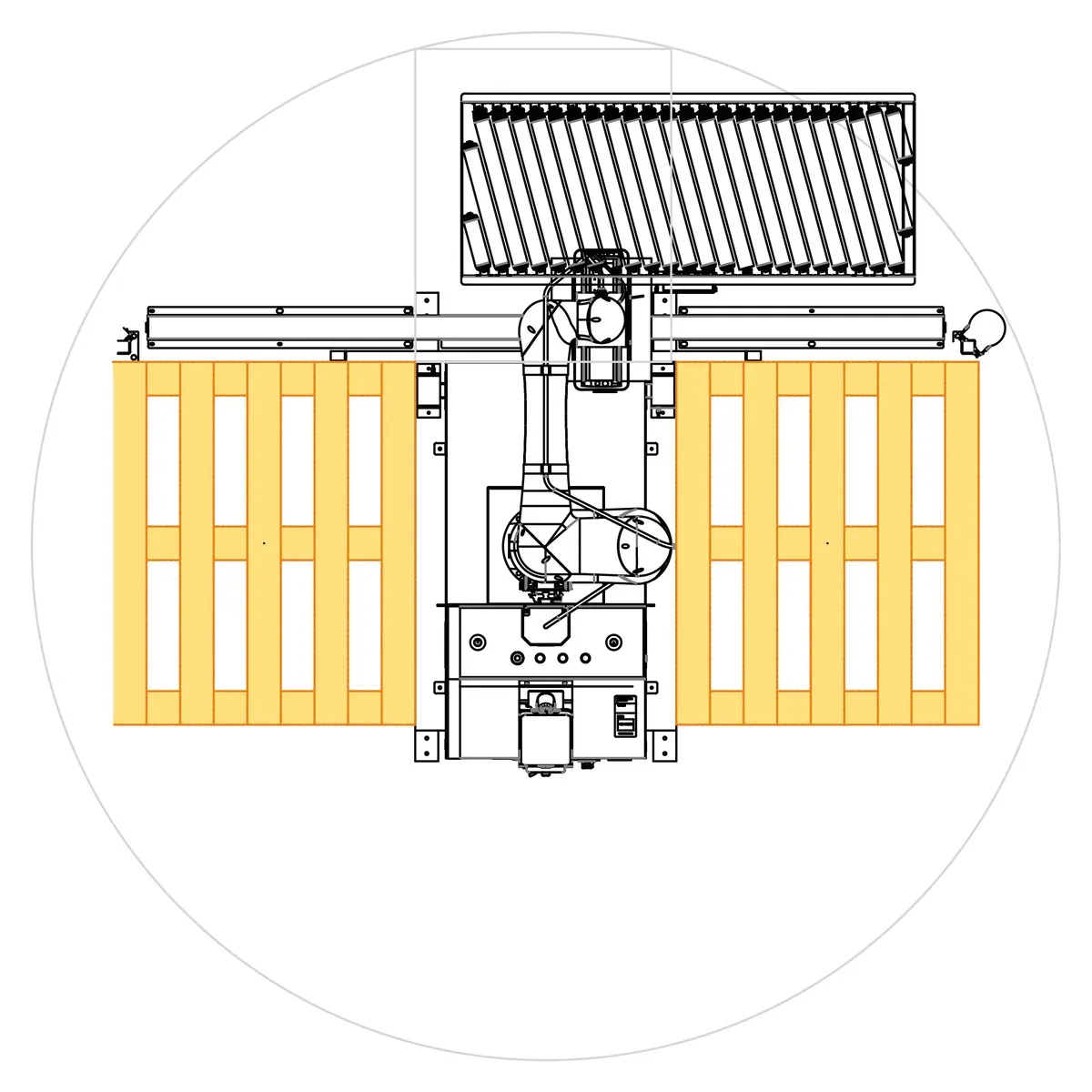 TRFCobot cobot palletizer layout with right side infeed and two pallet positions.