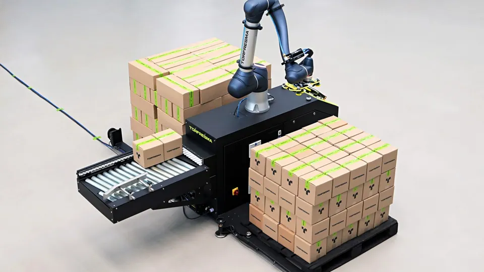 TRFCobot collaborative palletizer with infeed conveyor and two pallet stations
