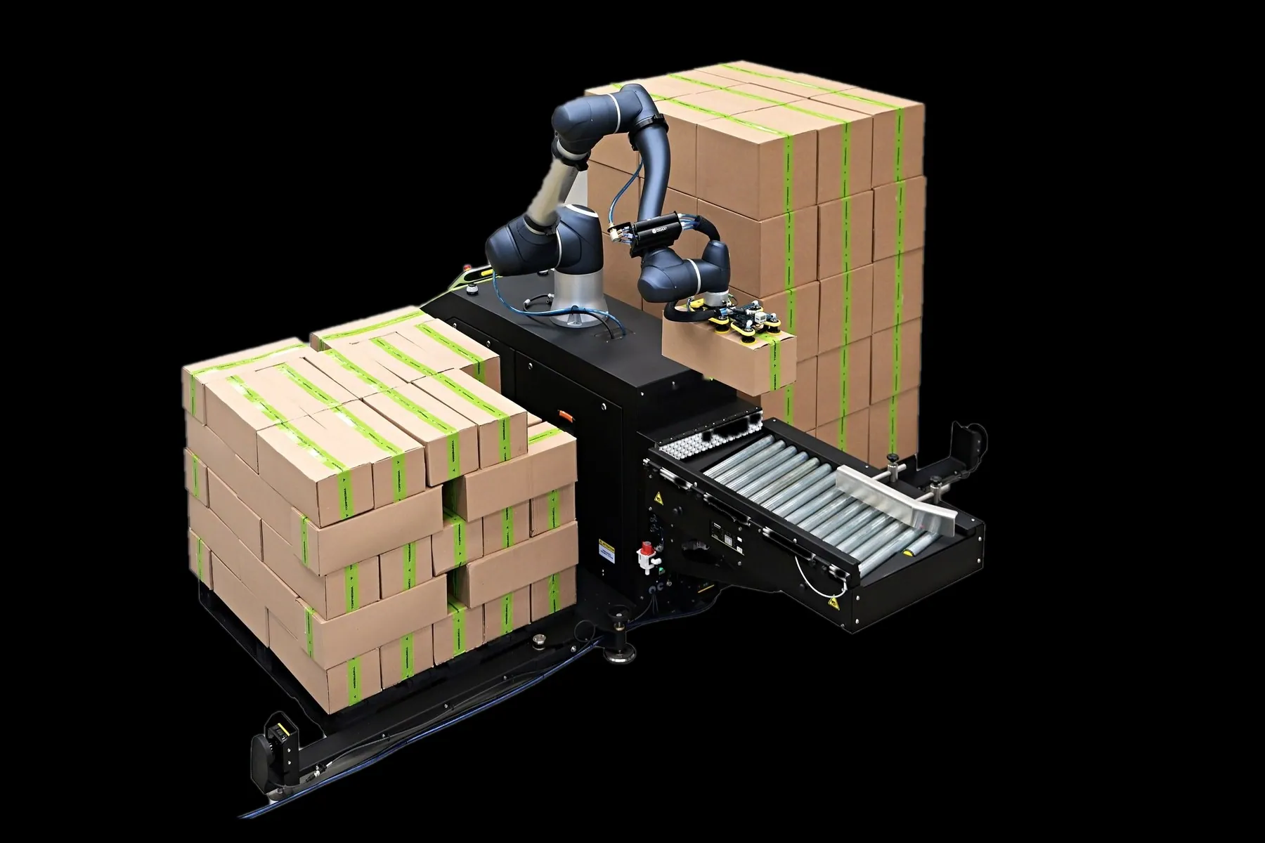 Robotic palletizer stacking pails onto a pallet at the end of a production line.
