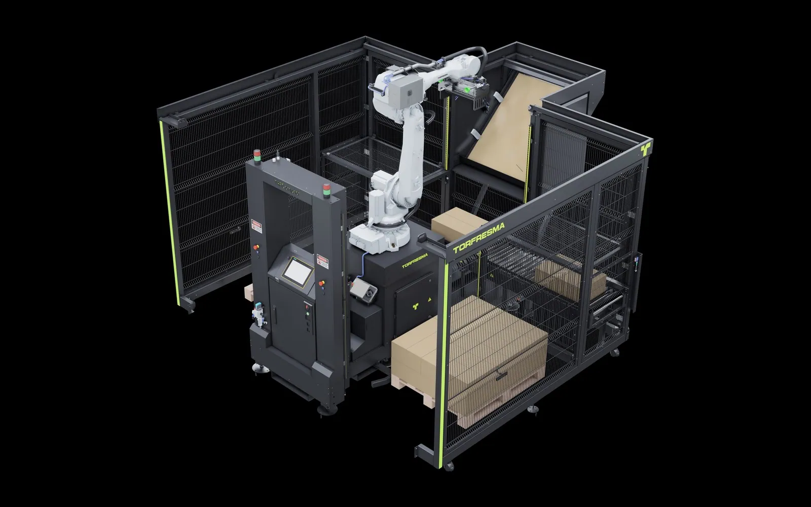 Robotic palletizing cell with an infeed roller conveyor, illustrating an article on palletizer cost.