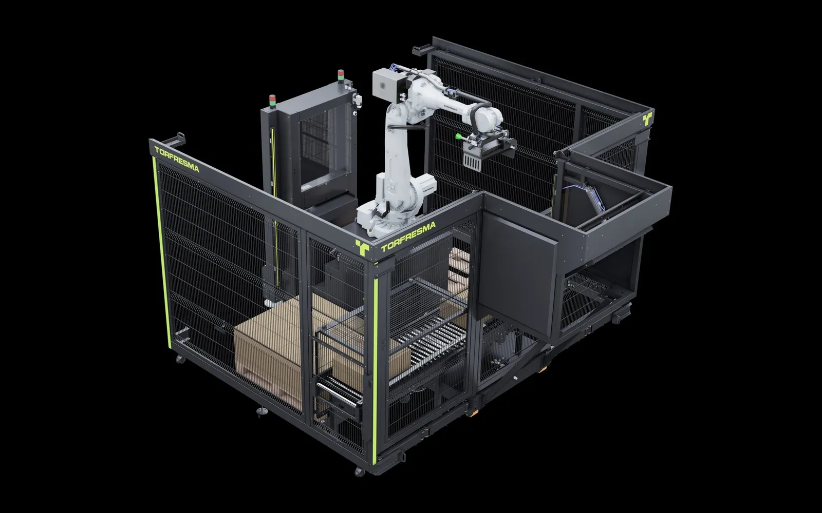 Tray palletizing with a TRF robotic palletizer.