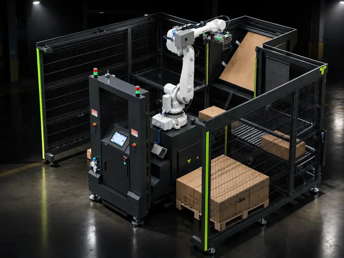 TRFCompact articulated version: robot, operator panel and safety fencing around a pallet of cartons.