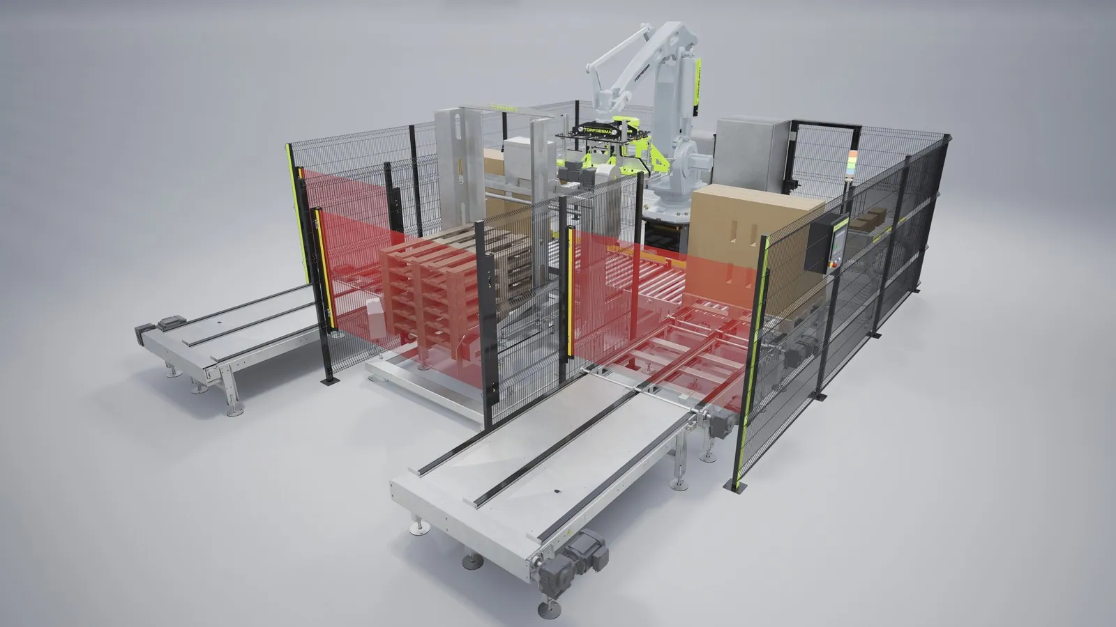 Custom robotic palletizing system engineered for a specific production layout.