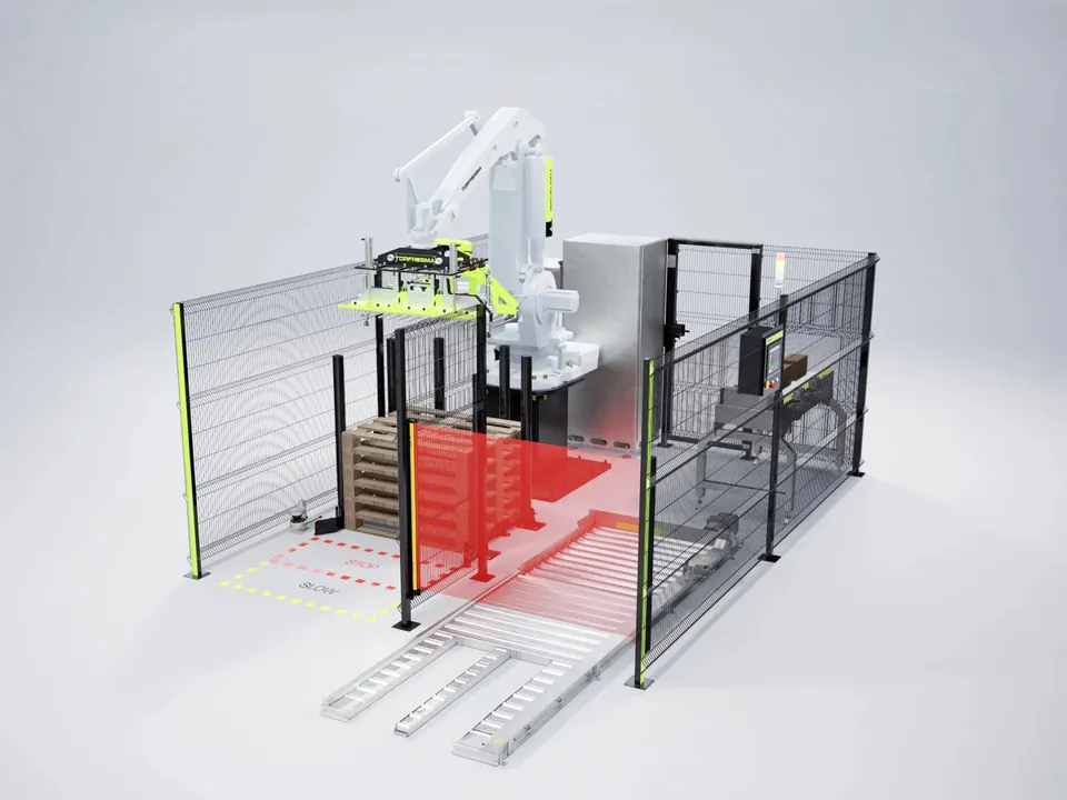 TRFSpeed palletizing cell with layer gripper and safety light curtains
