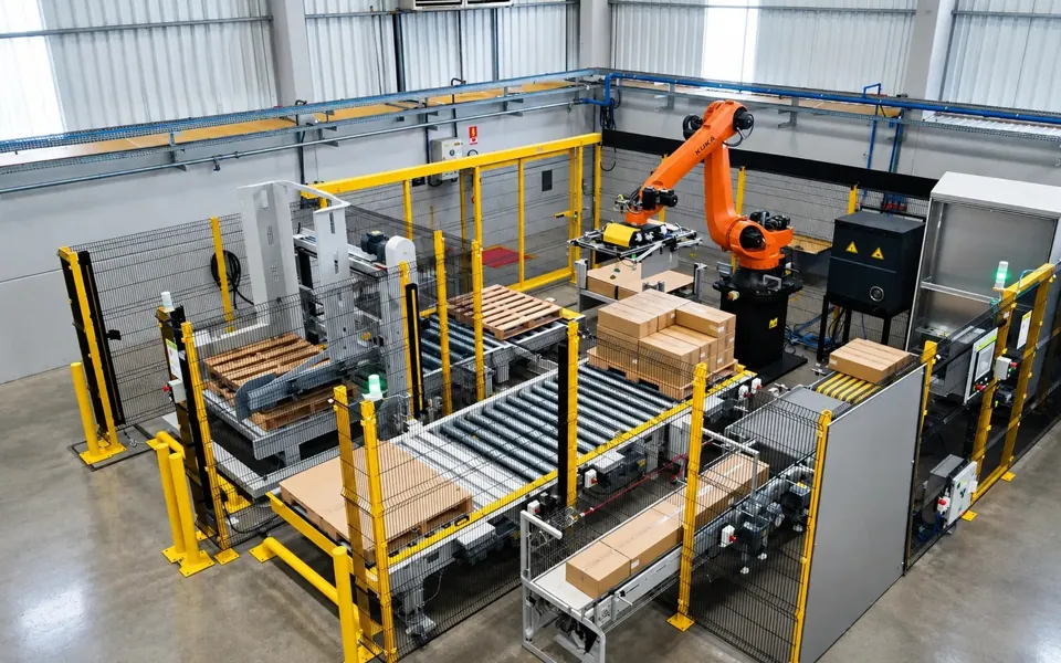 TRFSpeed palletizing cell with an industrial robot, safety fencing and case conveyors, aerial view