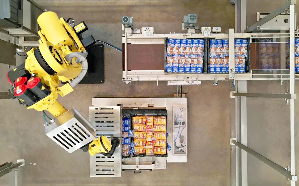 TRFSpeed 100 seen from above: robot picking packed products from the infeed conveyor onto a pallet