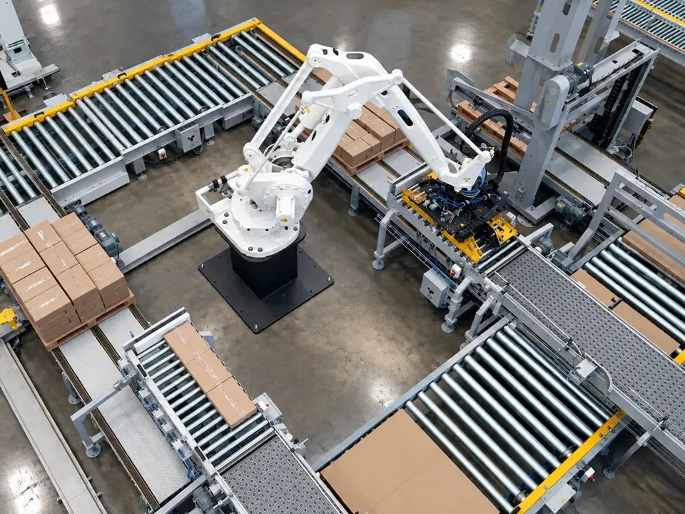TRFSpeed robot placing cases on a pallet, aerial view of the cell with pallet and case conveyors