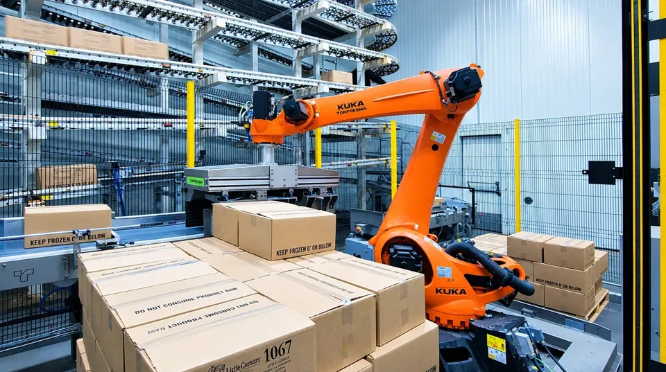 TRFSubzero KUKA robot building a pallet of frozen cases marked keep frozen at Custom Foods