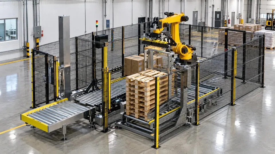TRFSubzero palletizing cell with fencing and a robot building a pallet in a cold-chain facility