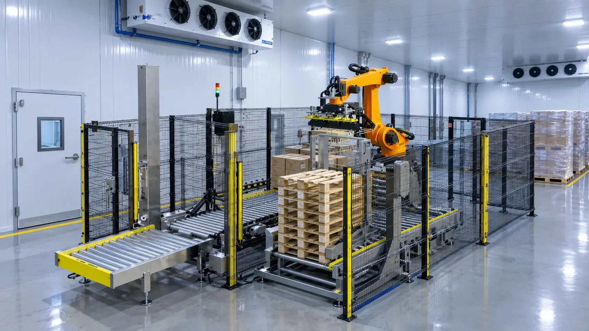 TRFSubzero robotic palletizing cell with a robot building a pallet inside a refrigerated room.